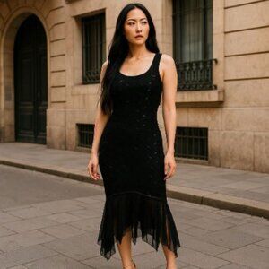 Vintage Joseph Ribkoff Black Sequin Dress with Sheer Hem
